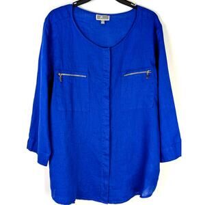 JM Collection 100% Linen TunicBlouse Sz 14 royal Blue Zip Pockets 3/4 Sleeve EUC